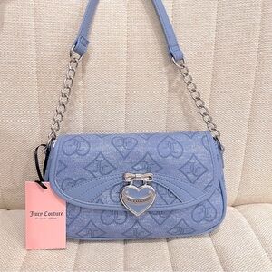 NEW Juicy Couture Light Blue Heart Logo Debossed Shoulder‎ Bag Silver Chain